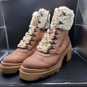 Circus Sam Edelman Hiker Boots Faux Fur Cuff Lace‎ Up Heel Ankle Booties size 8